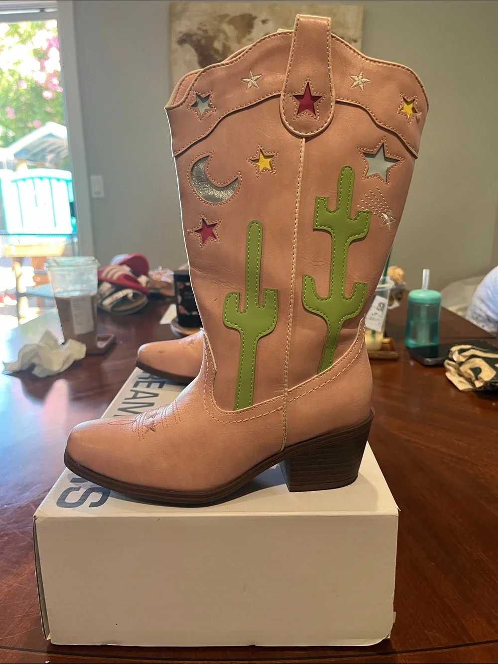 Dream Pairs Pink Kids Cowboy Boots with Green Cactus Appliqués